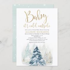 a baby it's cold outside party card with a snow covered pine tree in the background