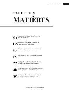 the table des matieres is shown in black and white, with numbers on it