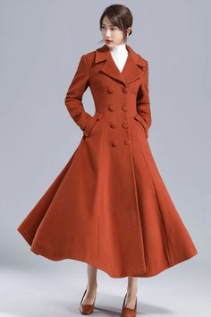 The Fit and Flare Long Wool Coat for Women 3233 is exquisitely designed to provide a flattering fit and a timeless style. Made from high-quality wool, this coat offers exceptional warmth and comfort. Its fit and flare silhouette accentuate the feminine figure, making it a must-have addition to any winter wardrobe. Orange Winter Coat, Italy Shopping, Long Wool Coat Women, Cloak Dress, Fit And Flare Coat, Dressy Clothes, Coat Elegant, Ladies Coat, Woman Suit