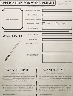 an info sheet with some type of information on it's back side and the words, application for wands and permitt