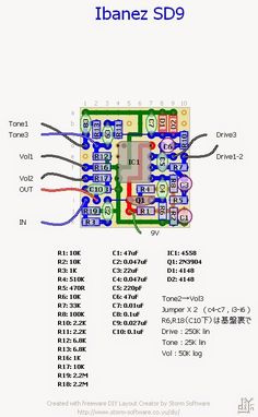 the wiring diagram for an ibanez sd9 circuit board, with various components