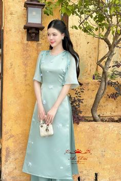 Very elegant design Elegant Light Green Dress With Short Sleeves, Elegant Light Green Short Sleeve Dress, Elegant Light Green Midi Dresses, Elegant Light Green Midi Length Dress, Vietnamese Dress Ao Dai, Vietnamese Dress, Sugar Land, Light Teal, Pastel Green