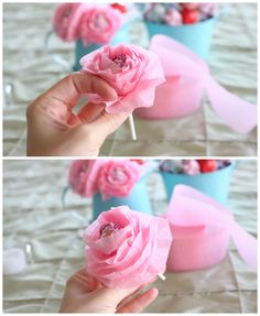 the process of making paper flowers is shown in three different pictures, including one being held up