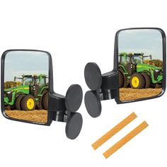 two mirrors that have tractors on them