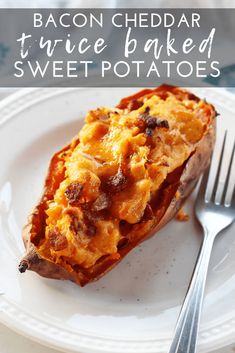 bacon cheddar twice baked sweet potatoes on a white plate with a silver fork