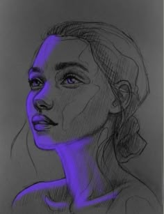 a drawing of a woman's face with purple light on her cheek and shoulders