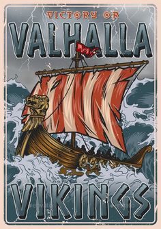 an old fashioned poster with a viking ship in the ocean