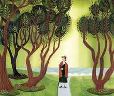 a painting of a man standing in the middle of a forest with trees on either side