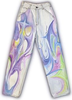 Jeans Painting Ideas Aesthetic, Art On Clothes, Concept Clothing, Custom Jeans, Painted Clothes, Jeans Diy