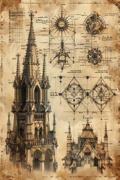 an old architectural drawing on paper with some drawings in the middle and other details around it