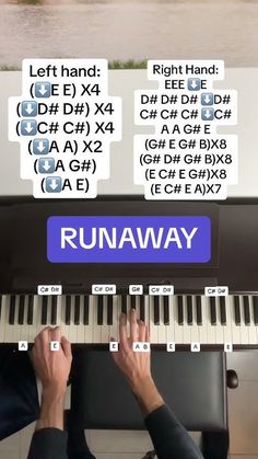 two hands are playing the piano keyboard with words above it that read runaway left hand right hand