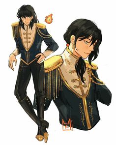 an anime character with long black hair and gold trimmings, standing next to another character