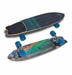 two skateboards sitting next to each other on a white surface, one is blue and the other is green