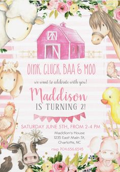 a pink barn and farm animals birthday party with flowers on the border is featured in this photo