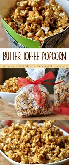 two pictures show different types of popcorn in bowls and on plates, with the words butter toffee popcorn above them