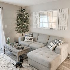 a living room with a couch, coffee table and christmas tree in front of the window