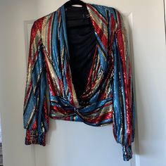 Nwot Vici Sequined Blouse Sz Medium Multicolor Festive Tops For Fall, Chic Multicolor Tops For Party, Red Long Sleeve Tops For Party Season, Red Long Sleeve Party Top, Chic Multicolor Sequined Tops, Multicolor Sequin Tops For Fall, Multicolor V-neck Blouse For Night Out, Chic Multicolor Blouse For Night Out, Multicolor Blouse For Night Out In Fall