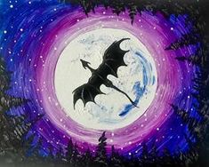 an acrylic painting of two bats flying in the night sky