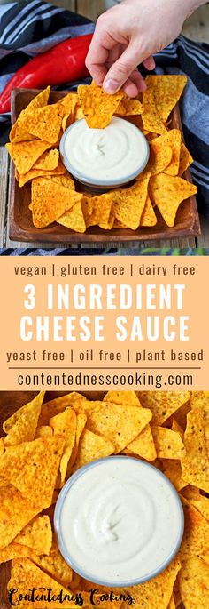 3 ingredient cheese sauce in a bowl with tortilla chips on the side and another image