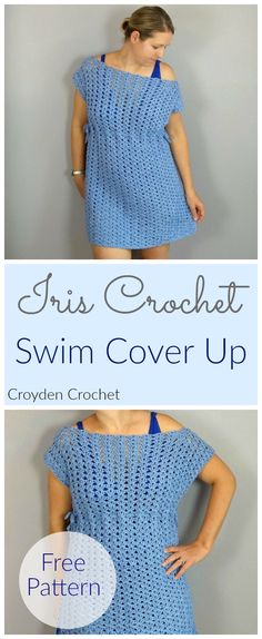 a woman wearing a blue crochet swim cover up with her hands on her hips