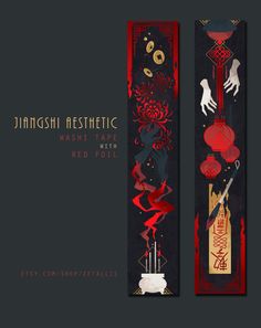 two bookmarks with red and black designs on the front, one has an image of a woman holding a knife