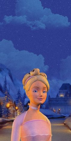 an animated doll standing in front of a night sky