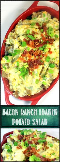 bacon ranch loaded potato salad in a red casserole dish