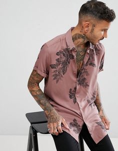 ASOS Regular Fit Viscose Floral Shirt In Pink from ASOS (men, style, fashion, clothing, shopping, recommendations, stylish, menswear, male, streetstyle, inspo, outfit, fall, winter, spring, summer, personal, ad) Man With Tattoos, Cl Fashion, Fashion Models Men, Asos Men, Plaid Shirts, Men Street, Spring Shirts, Mens Fashion Summer, Mens Street Style