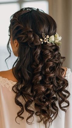 the back of a woman's head with long hair and flowers in her hair