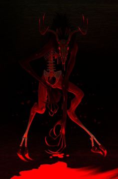 a skeleton sitting on top of a red floor in front of a black background with blood