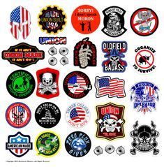 many different patches and stickers on a white background, including one with an american flag