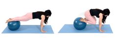 a woman doing push ups on an exercise ball