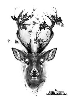 a black and white drawing of a deer with leaves on it's antlers