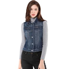 Allegra K keep us effortlessly cool with this washed denim vest, which is complete with a turn down collar, flap pockets and a buttoned placket. Look at this versatility denim vest that is forever classic outfits for women. Denim vest is very easy to wear and style, as you can easily combine it with almost every outfit. This is great for covering your casual, street style basics. Teaming it with your favorite shorts, dresses and skirts. Size: large. Color: blue. Gender: female. Age Group: adult. Classic Outfits For Women, Sleeveless Jean Jackets, Washed Denim, Classic Outfits, Casual Street Style, Womens Clothing Sizes, Denim Vest, Denim Wash, Jean Jacket