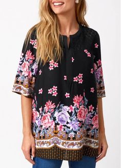 Color:Black;Size:S;Size:M;Size:L;Size:XL;Size:XXL;Occasion:Staycation;Decoration:Split Neck;Sleeve's Length:Three Quarters Sleeve;Pattern Type:Floral;Neckline:Split Neck;Clothing's Length:Regular;Composition:95%Polyester，5%Spandex;Season:Autumn;Color Scheme:Black;Package Contents:1 X Blouse;Washing Instructions:Hand Wash;Style:Casual; Trendy Shirts For Women, Shirts Trendy, Blouse Sale, Trendy Blouses, Stylish Blouse, Sleeve Pattern, Women Wholesale, Trendy Shirts, Neck Lace