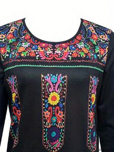 Peilia - Womens Ethnic Long Sleeve T-Shirt: Stylish Mexican-Inspired Casual Top for Spring & Fall Traditional Multicolor Tops With Printed Motifs, Traditional Multicolor Printed Tops, Traditional Printed Black Tops, Traditional Multicolor Printed Motifs Tops, Traditional Black Printed Top, Bohemian Festival Tops With Printed Motifs, Bohemian Tops With Printed Motifs For Festivals, Festival Multicolor Printed Tops, Bohemian Tops With Graphic Print For Festivals