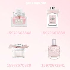 four different perfume bottles with bows on the top and bottom, all labeled in pink