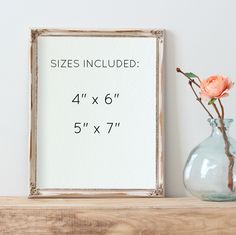 a vase with a flower in it next to a sign that says sizes included 4x6