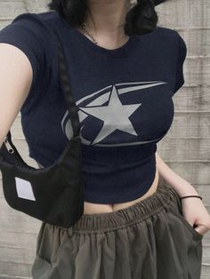 marineblau Lässig Collar Kurzärmelig Strickstoff Geometrisch  Embellished Leicht-dehnbar Sommer Navy Blue Top Outfit Aesthetic, Star T Shirt Aesthetic, Star T-shirt, Dark Blue Shirt Outfit Woman, Blue Shirt Aesthetic, Sleeveless Shirt Aesthetic, Star Outfit Aesthetic, Blue Clothes Aesthetic, Crop Tops Outfits