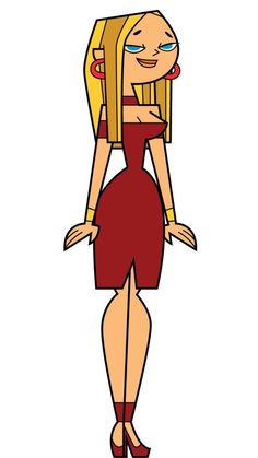 a cartoon girl in a red dress with blonde hair and big blue eyes, wearing high heels