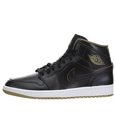 Air Jordan 1 Mid 'Black Gold' 554724-042 (AJ1/SNKR/Retro/Unisex/Mid Top/Basketball) Retro Black Basketball Shoes For Streetwear, Retro Black Leather Basketball Shoes, Retro Black Sneakers For Sports, Black Basketball Shoes With Gum Sole, Black Basketball Shoes With Gum Sole For Sports, Black High-top Basketball Shoes With Gum Sole, Black Mid-top Basketball Shoes With Gum Sole, Retro Black Basketball Shoes With Round Toe, Retro Black Round Toe Basketball Shoes