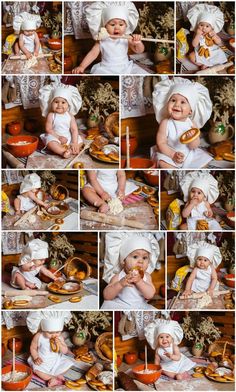 a collage of photos showing baby in chef's outfit eating bread and smiling