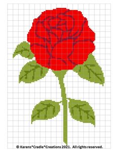 a red rose with green leaves is shown in the cross stitch pattern on a white background