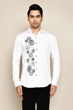 White shirt crafted in cotton stretch base featuring contrast embroidery in the front. - Aza Fashions Fitted Embroidered Top With Spread Collar, Designer Fitted Cotton Shirt, Designer Embroidered Cotton Top, Fitted Embroidered Shirt With Spread Collar, Traditional Fit Cotton Long Sleeve Tops, Traditional Fit Long Sleeve Cotton Top, Designer Embroidered White Tops, Cotton Embroidered Shirt With Spread Collar, Embroidered Cotton Shirt With Spread Collar