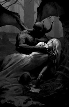 a black and white image of a woman laying on the ground next to a demon