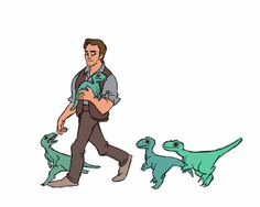 a man carrying a baby in his arms while walking next to two small green dinosaurs