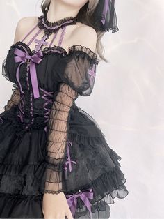 BLACK&PURPLE Cross Belle Separated Long Sleeves Elissabat Cosplay, Black Purple Outfit, Purple Goth Outfits, Cute Purple Outfits, Black And Purple Outfit, Black And Purple Dress, Purple And Black Dress, Purple Outfit, Purple Cross