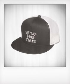 Original Support Good Times Logo mesh five panel snapback trucker hat in black, and black with white mesh. Embroidered design, high profile 3 3/4" crown, flat visor, and matching plastic snap. Cheap Trucker Hat With Custom Logo And Flat Bill, Cheap Black Trucker Hat With Embroidered Logo, Plain Black Mesh Trucker Hat, Black Trucker Hat With Letter Print And Flat Bill, Black Trucker Hat With Letter Print For Baseball Season, Black Flat Cap Trucker Hat For Baseball Season, Black Trucker Hat Flat Cap For Baseball Season, White Mesh Snapback Hat With Flat Brim, Black Letter Print Snapback Trucker Hat