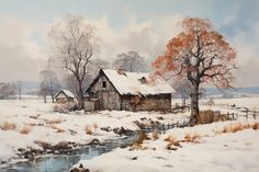 an oil painting of a snowy landscape with a house and stream in the foreground