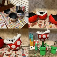 I covered the balloon with the organic glue and the newspaper to make the shields then  painted the shield and add the details with the felt and made the base with some cardboard Mario Shoebox Float, Paper Mache Mario Bros, Mario Flower Diy, Mario Float Ideas, Mario Pipe Diy, Mario Decorations Diy, Mario Centerpieces, Super Mario Crafts, Super Mario Diy